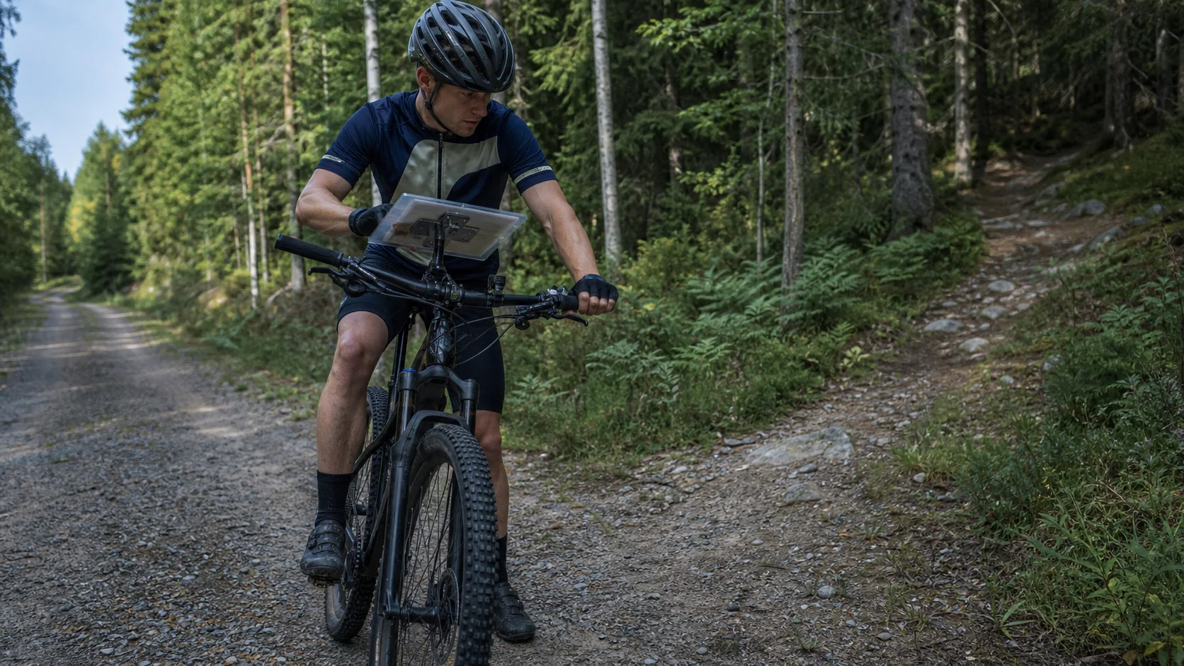 Велосипедист MTB-ориентирования читает карту перед развилкой в шведском лесу