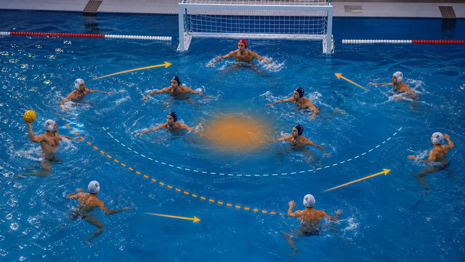 Расположение игроков в большинстве 6 на 5 в мужском водном поло U20